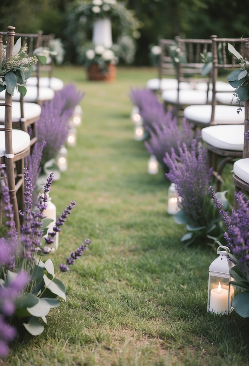 A rustic wedding aisle adorned with lavender and eucalyptus, creating a beautiful blend of purple and green hues