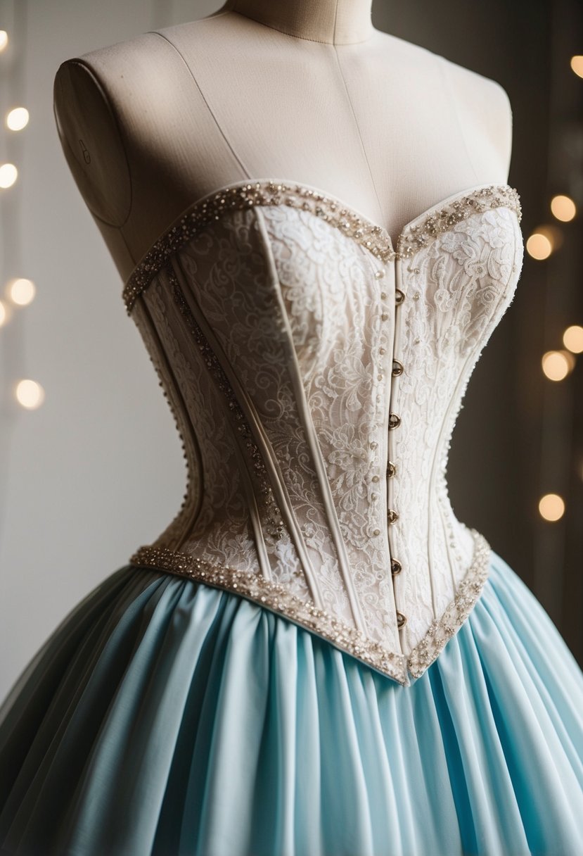 A delicate, lace-covered corseted bodice with intricate beading and a flowing, full skirt