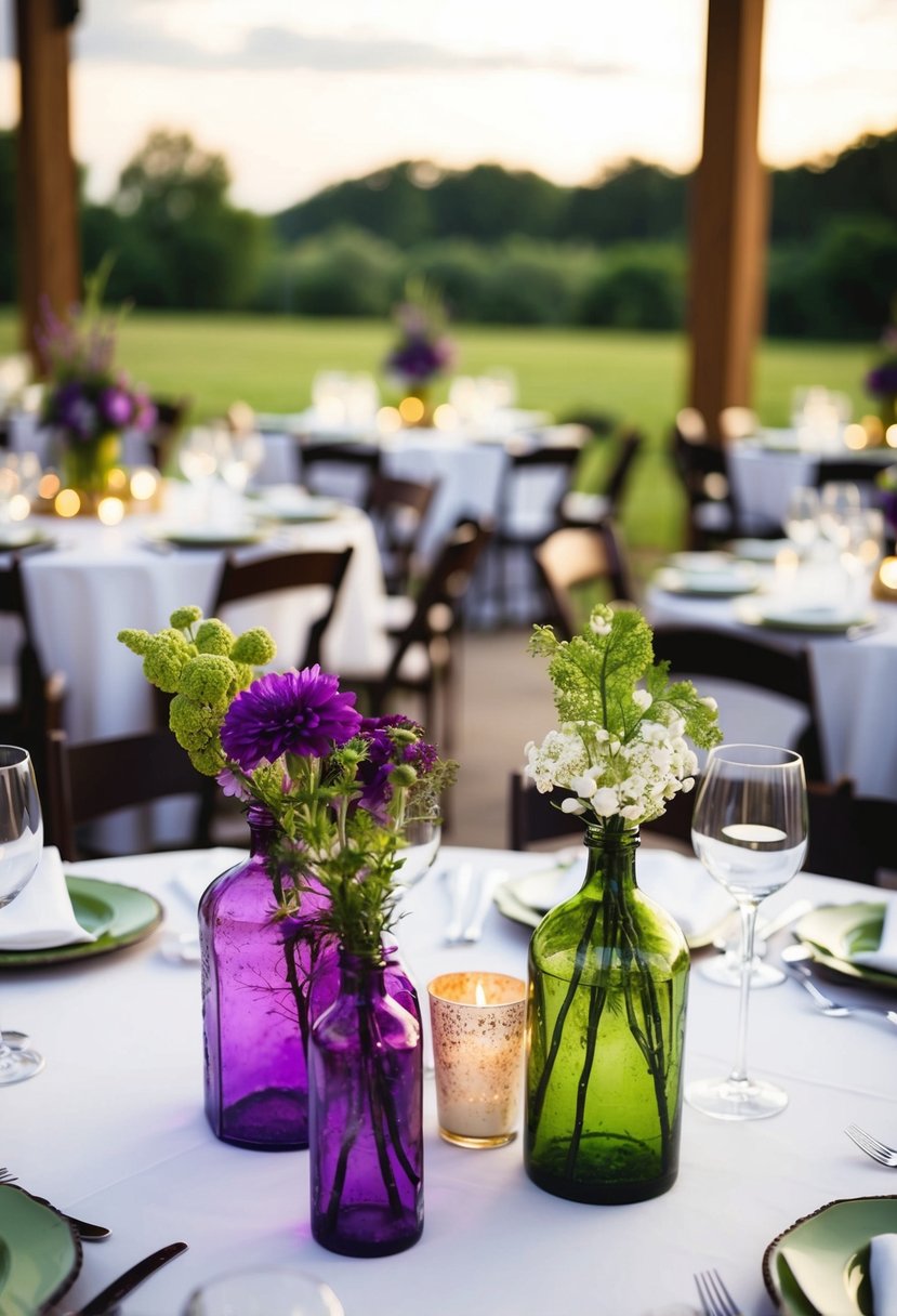 Rustic purple and green centerpieces adorn a wedding reception table