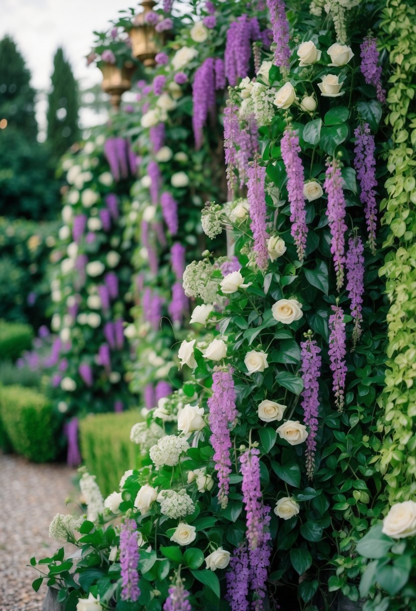 A lush garden with cascading purple and green florals, vintage decor, and romantic ambiance