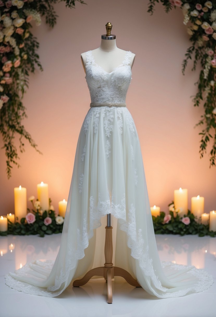 A mannequin wearing a drop-waist wedding dress with intricate lace details and a flowing skirt, set against a backdrop of soft candlelight and delicate floral arrangements