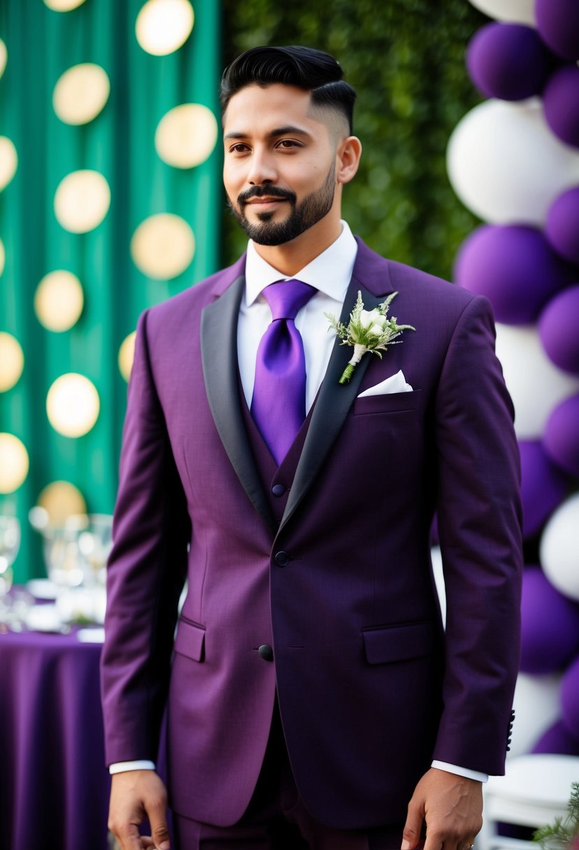 A deep purple groom's suit stands against a backdrop of green and purple wedding decor