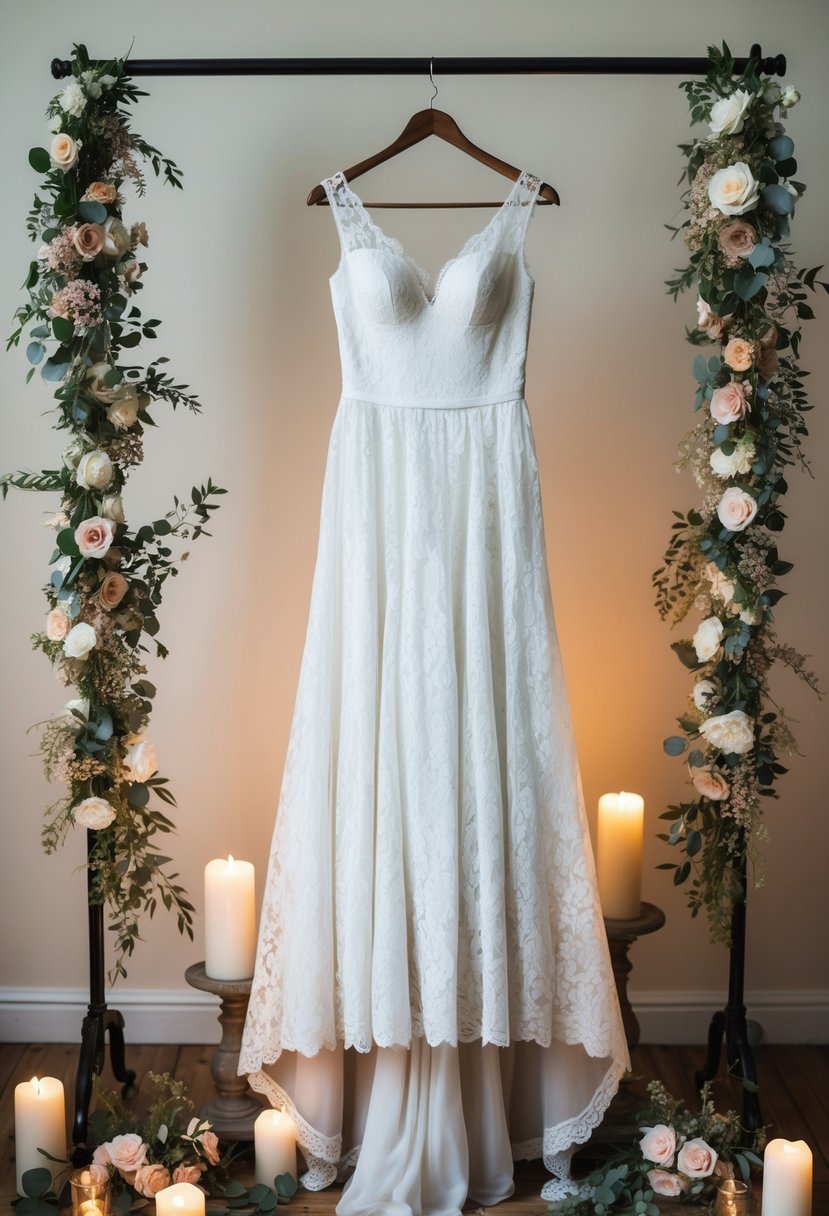 A flowing white lace gown hangs on a vintage dress form, surrounded by soft candlelight and delicate floral arrangements