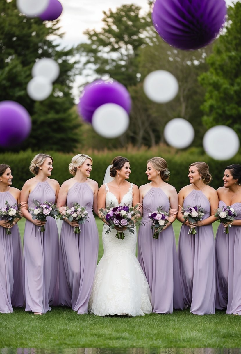 Light purple bridesmaid dresses among purple and green wedding decor