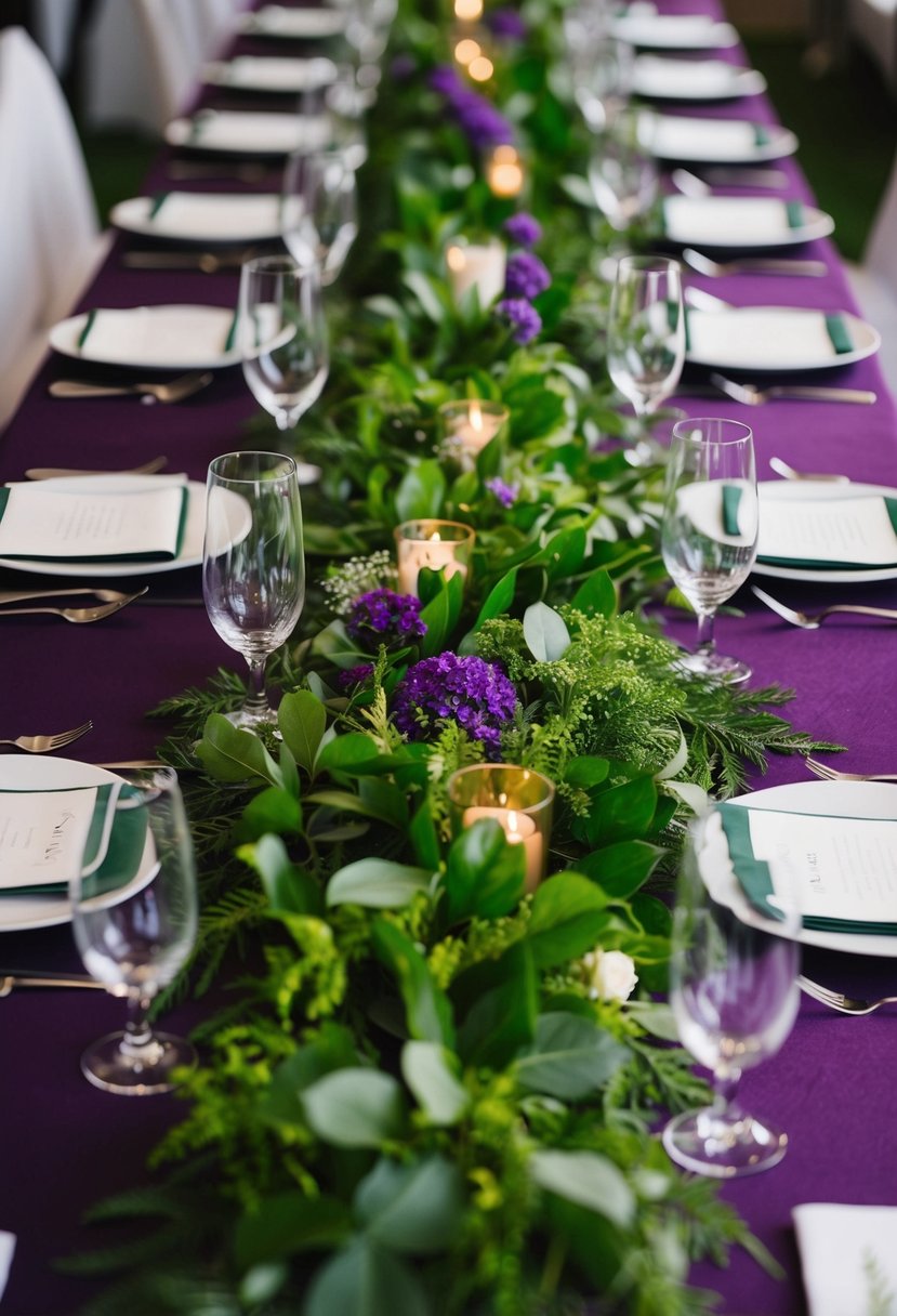 Lush greenery cascades down purple and green table runners at a wedding reception