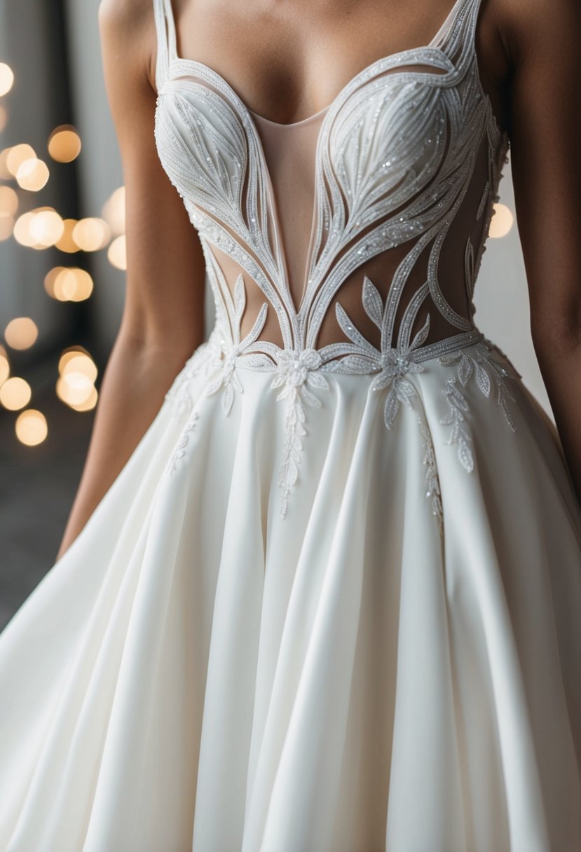 A close-up of a modern, elegant wedding dress with intricate cutout detailing and flowing fabric