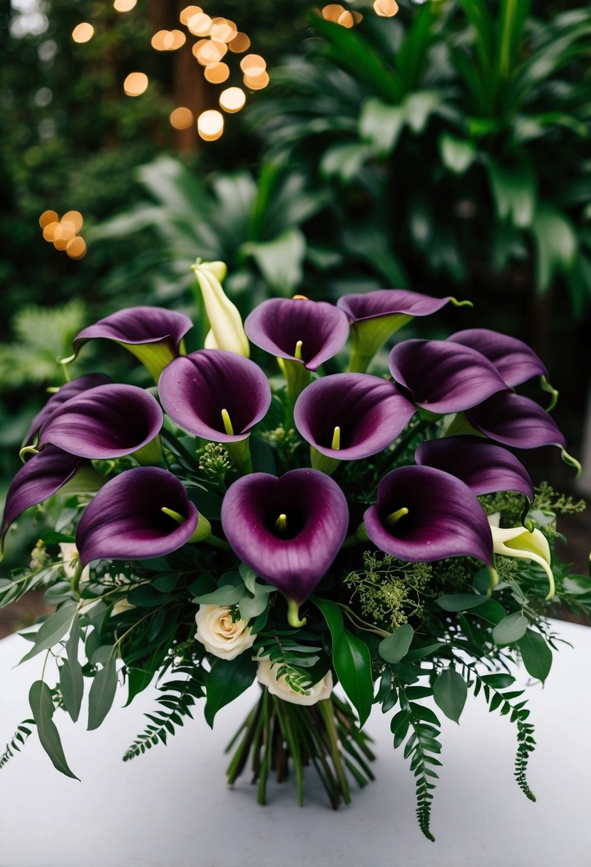 A bouquet of eggplant calla lilies surrounded by lush greenery, perfect for a wedding centerpiece