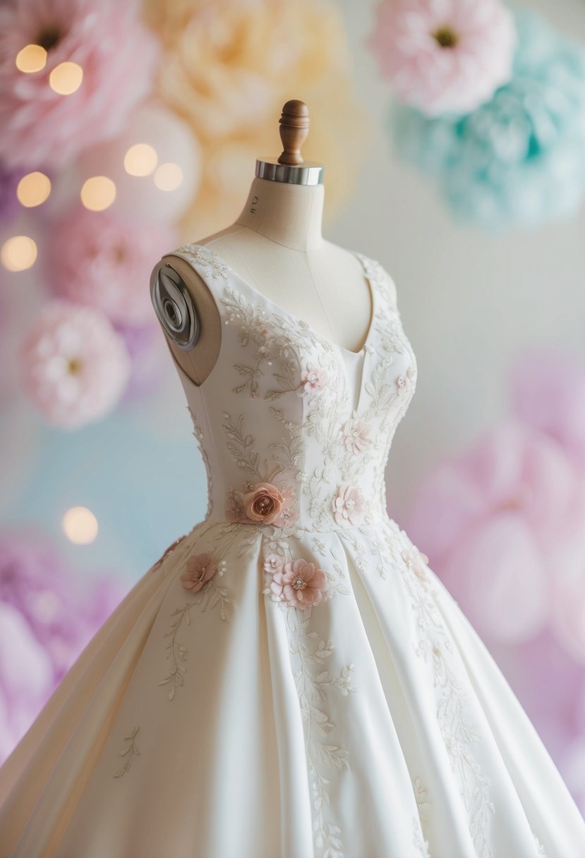 An elegant wedding dress adorned with romantic floral appliqué, set against a soft, dreamy background of pastel colors