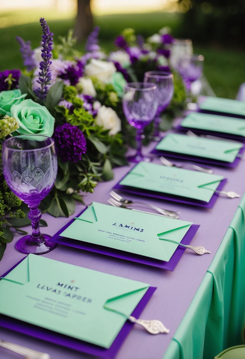 A mint and lavender stationery set arranged with purple and green wedding decor