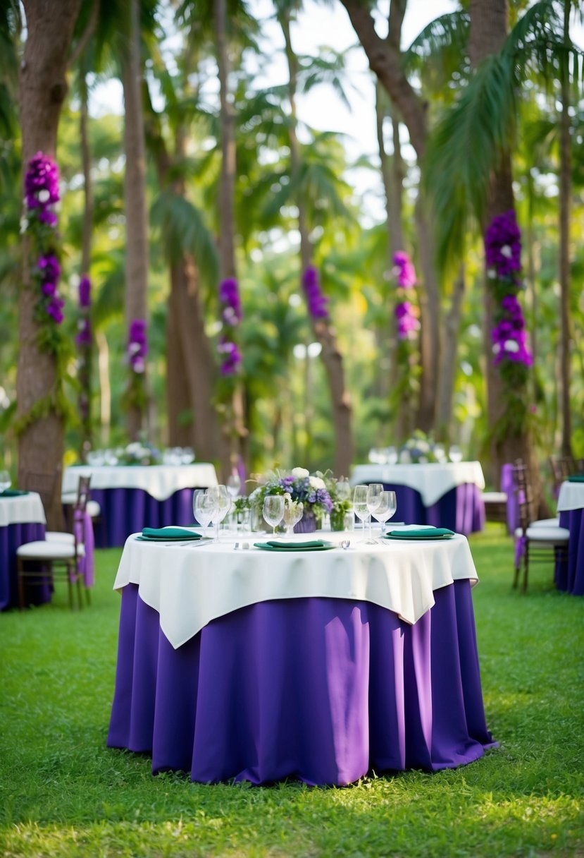 A lush forest with purple and green accents, setting the scene for a reception in nature