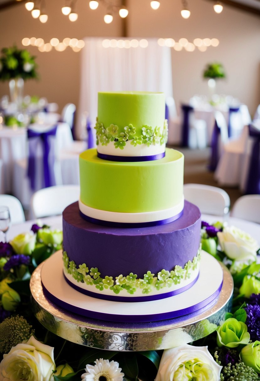 A lime green and purple cake stands as the centerpiece of a wedding reception, surrounded by coordinating floral arrangements and decor