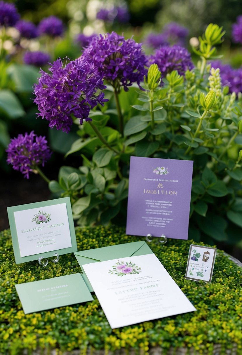 A garden scene with purple and green flowers and foliage, with elegant celadon and lavender invitations displayed on a table