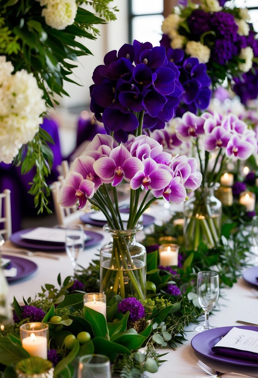 A table adorned with purple cymbidium arrangements, surrounded by greenery and other purple wedding decor