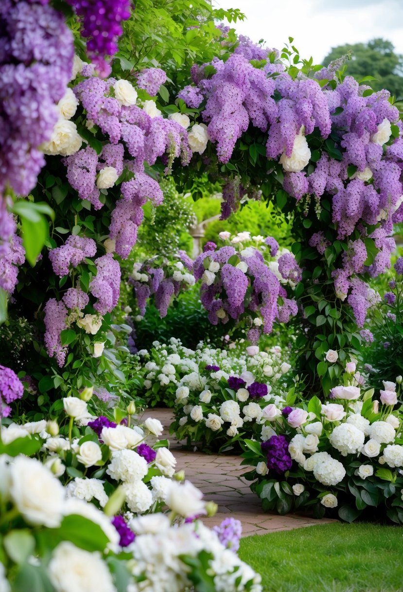 A lush garden filled with lilac and white florals, accented with pops of purple and green, creating a romantic and elegant atmosphere for a wedding