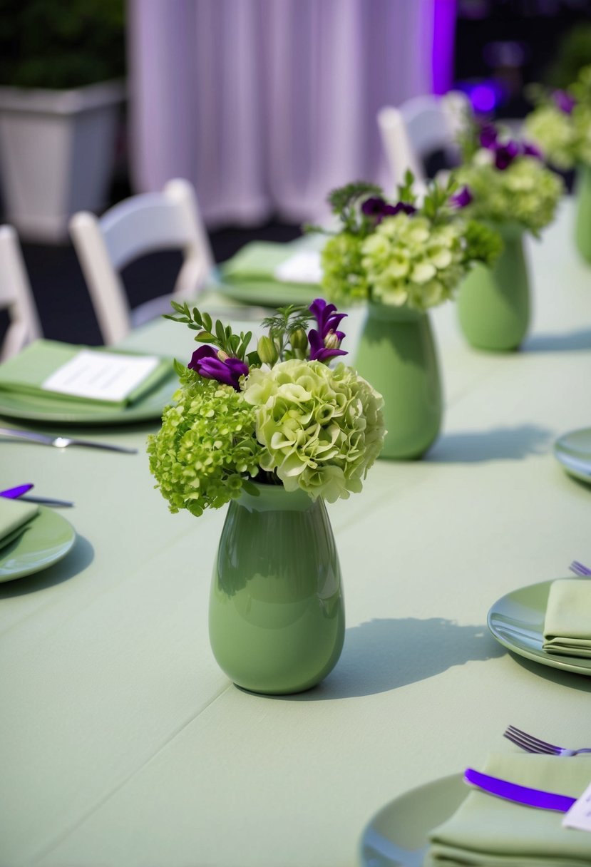 Pale green table linens with purple and green accents