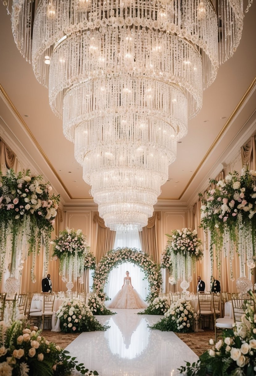 A grand ballroom with cascading crystal chandeliers, adorned with opulent floral arrangements and luxurious fabrics, showcasing extravagant wedding dress ideas