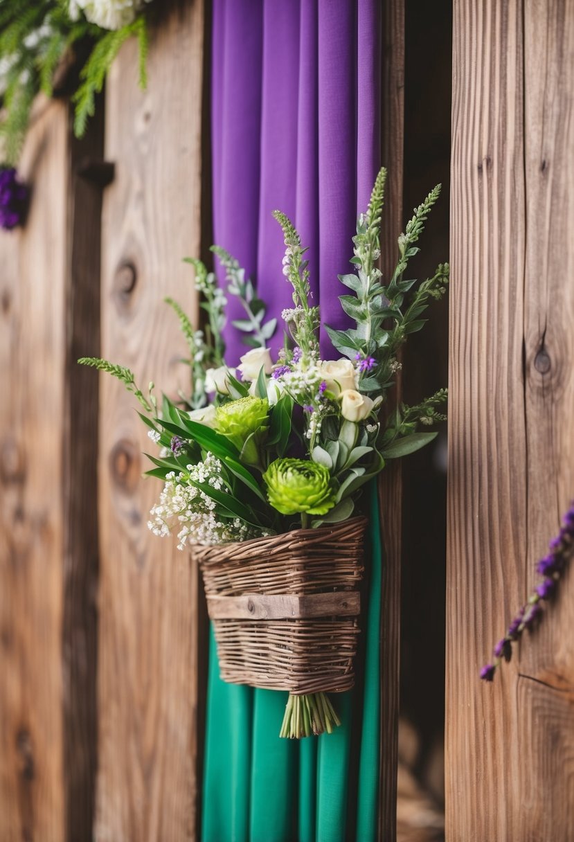 Rustic wooden decor with purple and green accents for a wedding