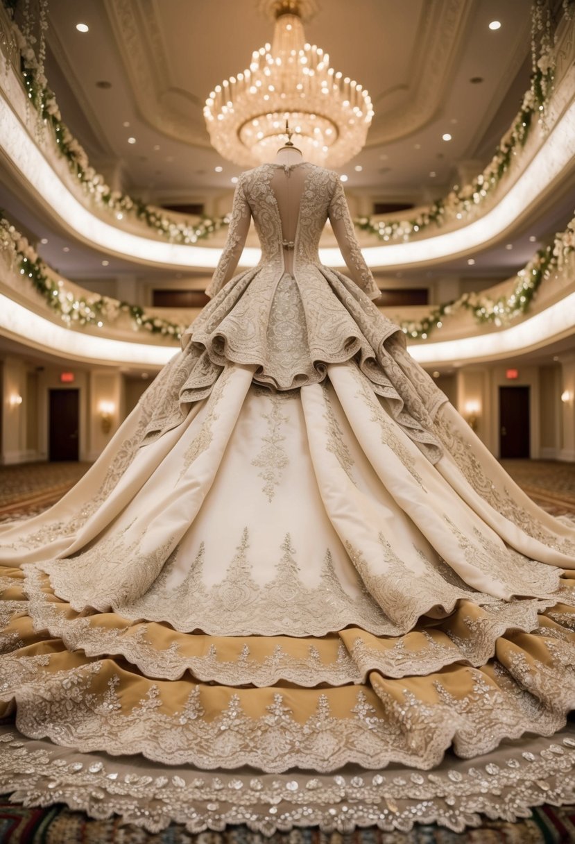 An opulent royal train gown drapes across a grand ballroom, adorned with intricate lace, sparkling crystals, and cascading layers of luxurious fabric