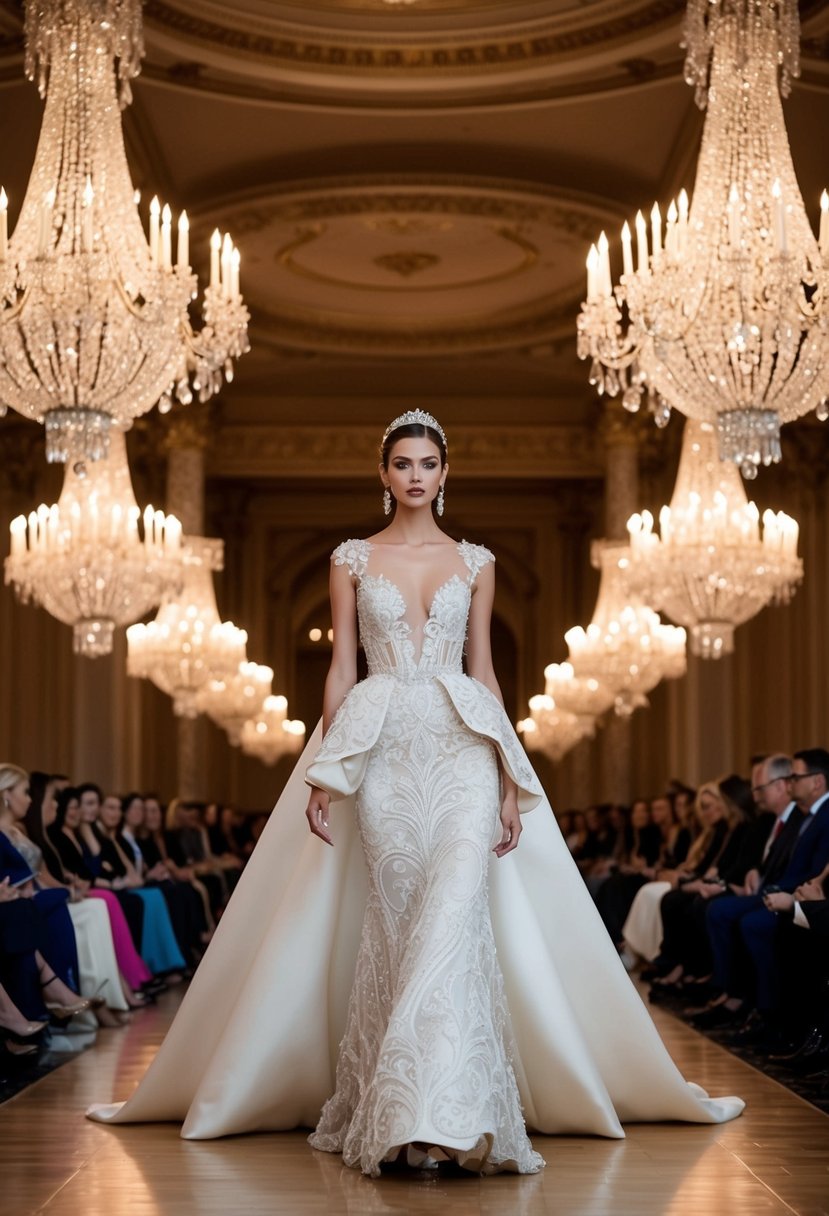 A grand ballroom with opulent chandeliers and a runway showcasing elaborate Sophia Tolli wedding dress designs