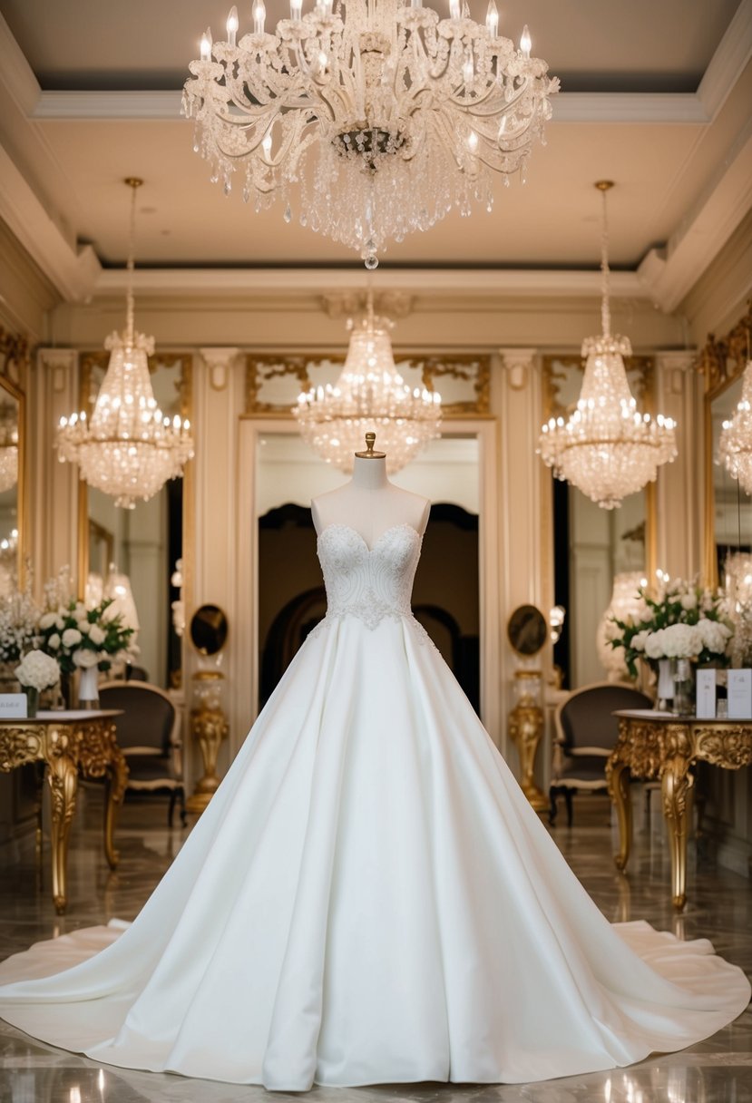 A luxurious wedding dress displayed on a mannequin in an opulent showroom, surrounded by sparkling chandeliers and ornate furnishings