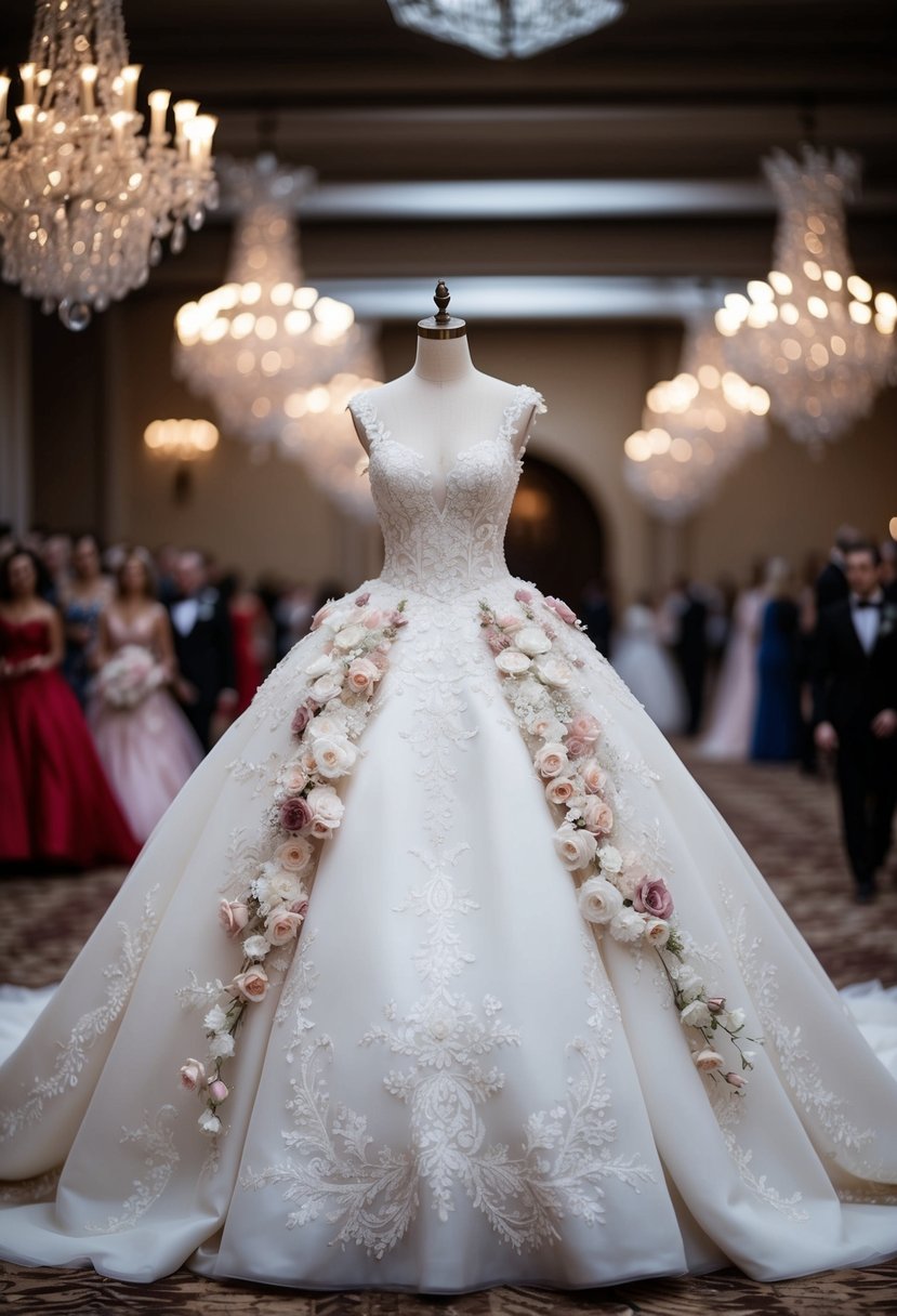 A princess bridal gown adorned with intricate floral accents, cascading down the voluminous skirt, creating an extravagant and enchanting wedding dress