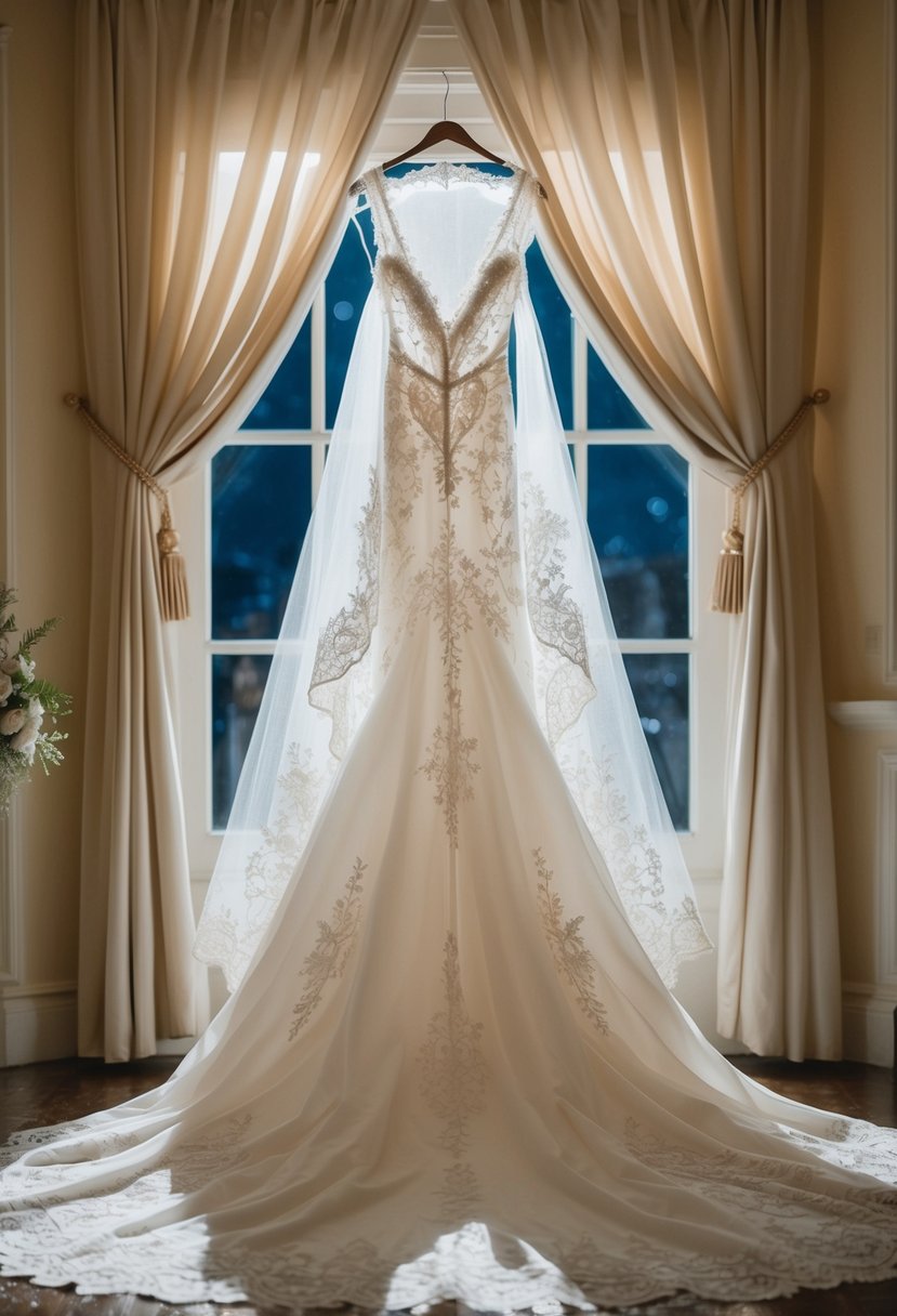 A lavish wedding dress draped in delicate lace under the glow of moonlight