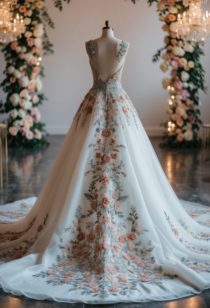 A non-traditional colored bridal dress with intricate floral embroidery cascading down the flowing skirt, paired with a dramatic train and sparkling accessories