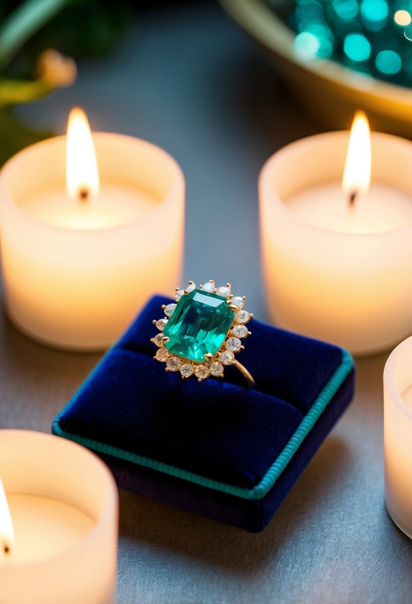 A sparkling emerald earring displayed on a velvet cushion, surrounded by soft candlelight