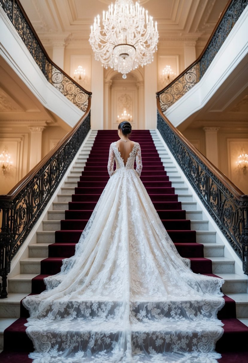 A grand, statement long sleeve lace gown cascading down a grand staircase in a opulent ballroom