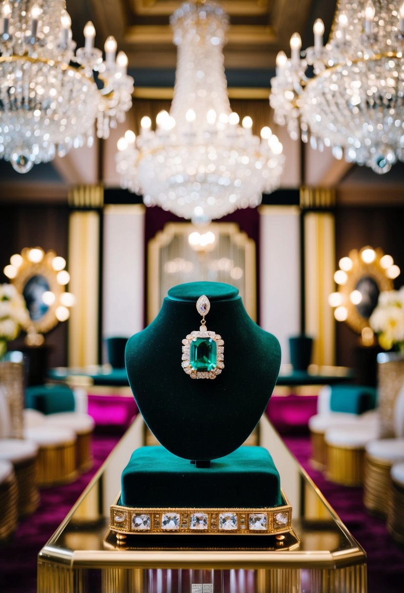 A lavish art deco ballroom with crystal chandeliers, intricate gold detailing, and a sparkling emerald wedding earring displayed on a velvet pedestal