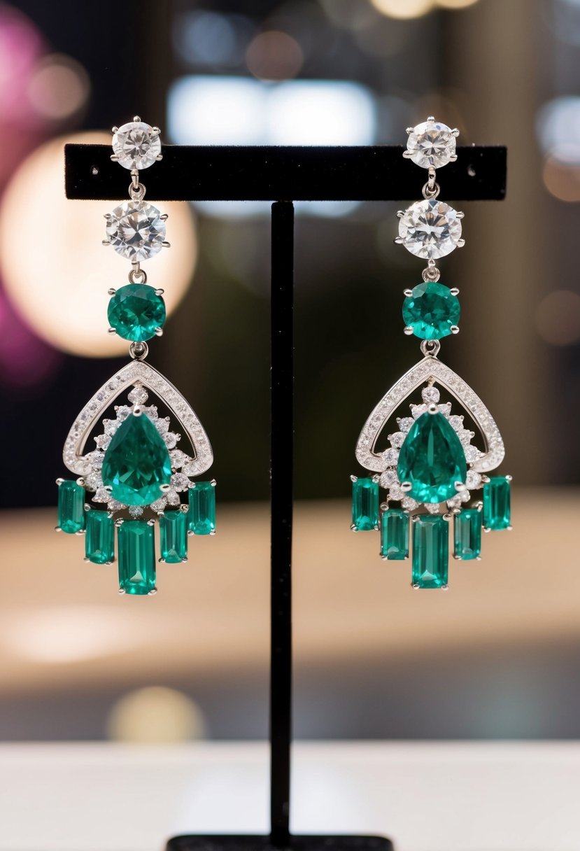 A pair of emerald chandelier earrings adorned with sparkling diamonds, hanging delicately from a display stand