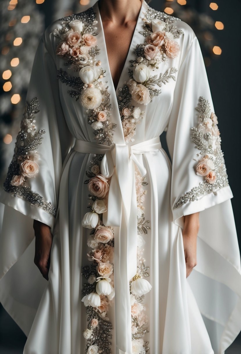 A luxurious wedding robe adorned with intricate floral embellishments, cascading down the flowing fabric