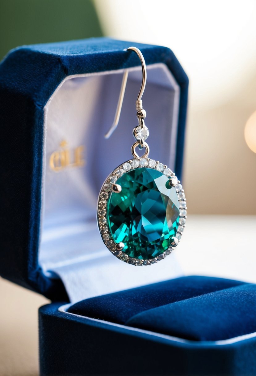 A sparkling emerald bridal earring suspended from a delicate silver hook, catching the light as it dangles from a velvet jewelry box