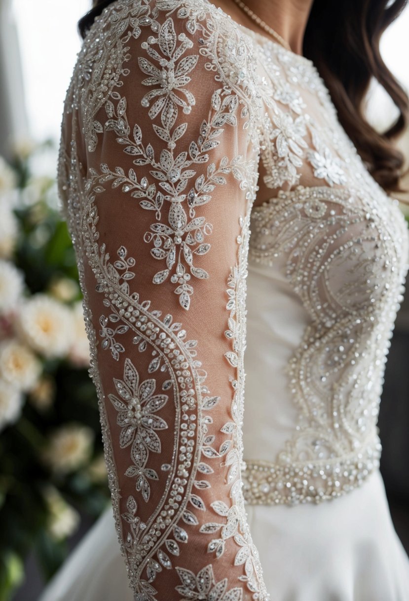 A close-up of the intricate lace and beading on the sleeves of a luxurious Maggie Sottero wedding dress, showcasing its unique and extravagant design