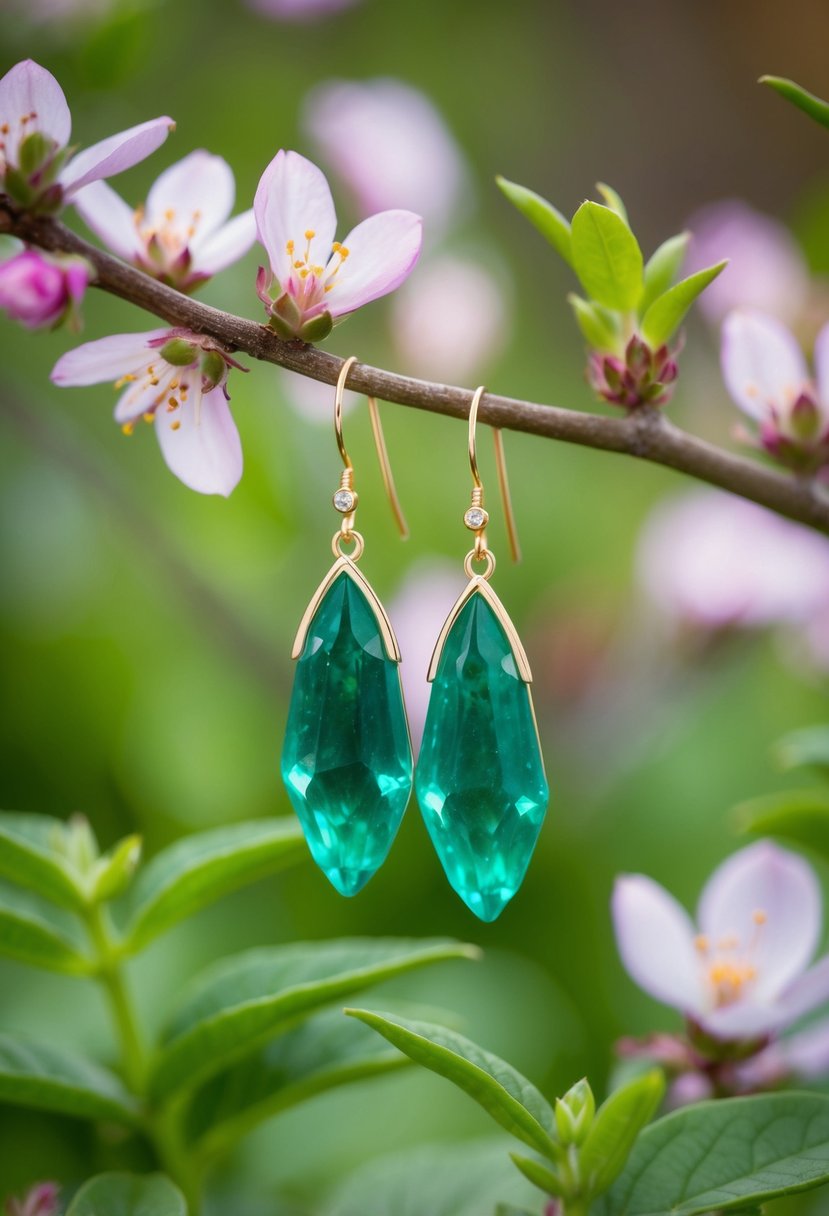 A pair of petal-shaped emerald earrings hanging from a delicate branch, surrounded by blooming flowers and lush greenery