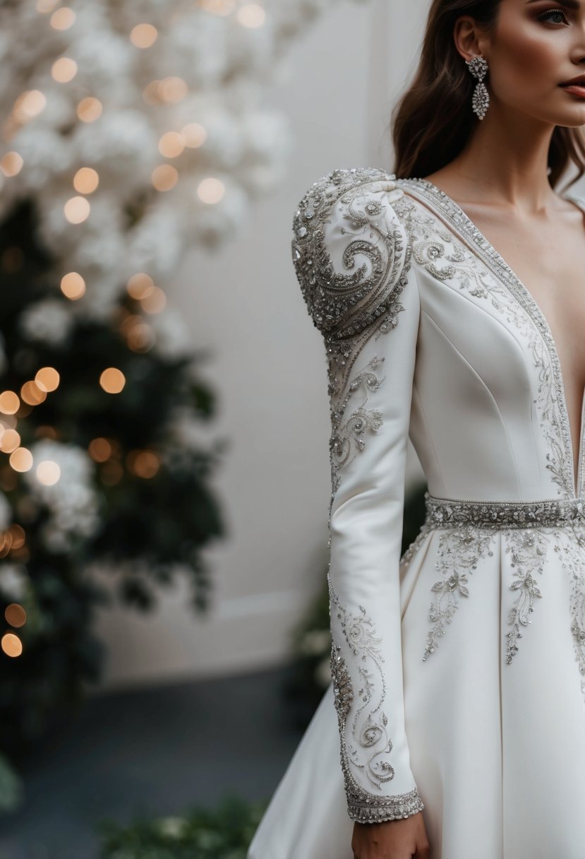 A wedding dress with a nontraditional, extravagant sleeve design, featuring intricate details and bold embellishments