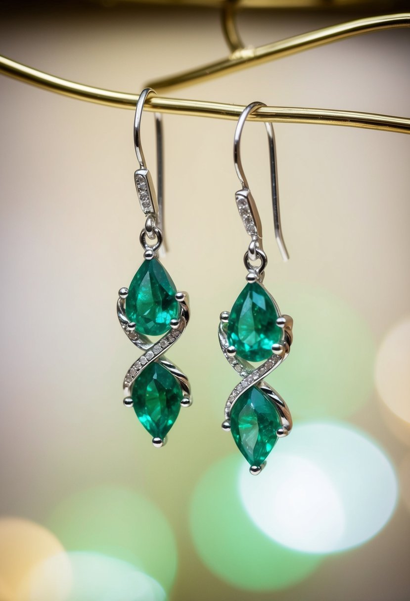 Two vine-shaped emerald earrings dangle from a delicate display, catching the light and casting a green glow