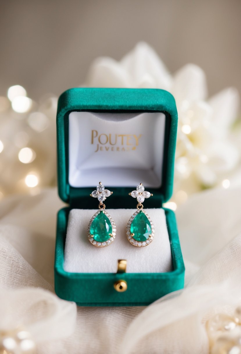 A velvet jewelry box holds sparkling emerald and diamond drop earrings, set against a soft, romantic background