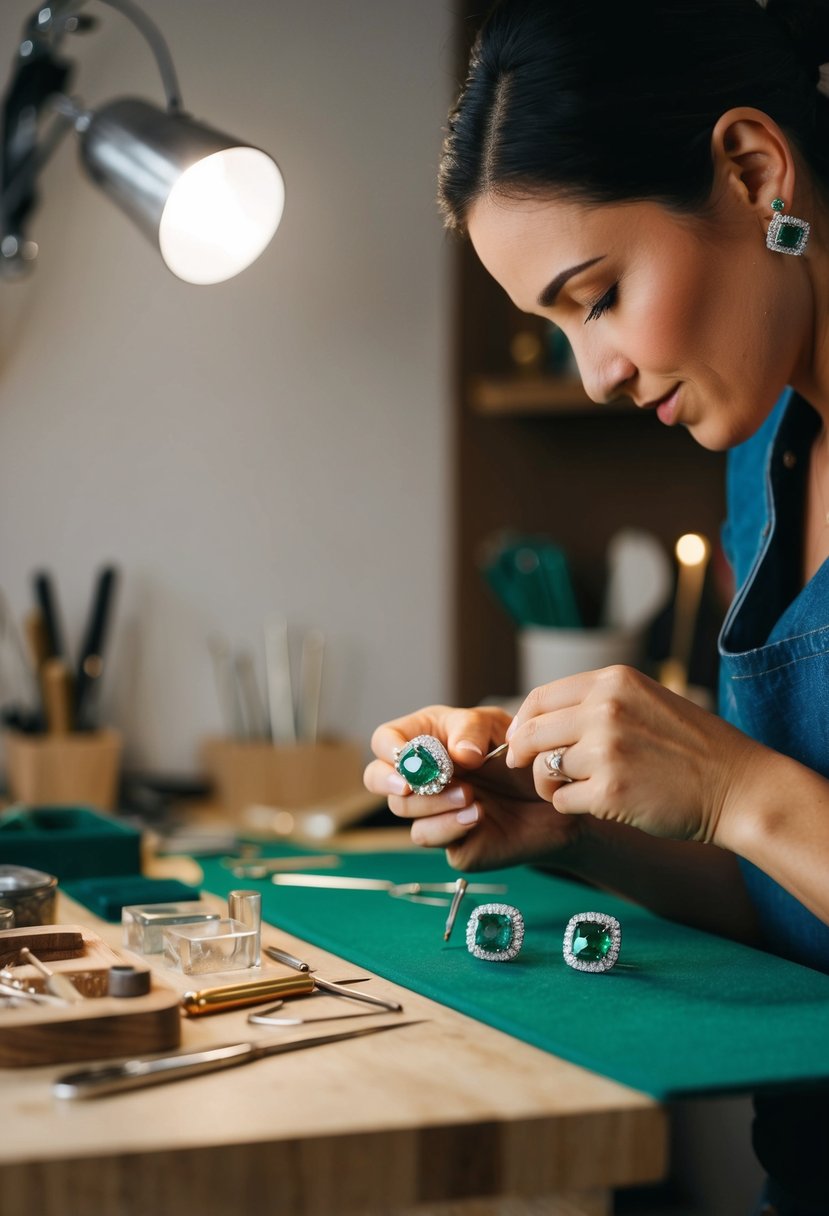 A jeweler carefully crafting emerald earrings in a cozy studio, surrounded by tools and sparkling gemstones