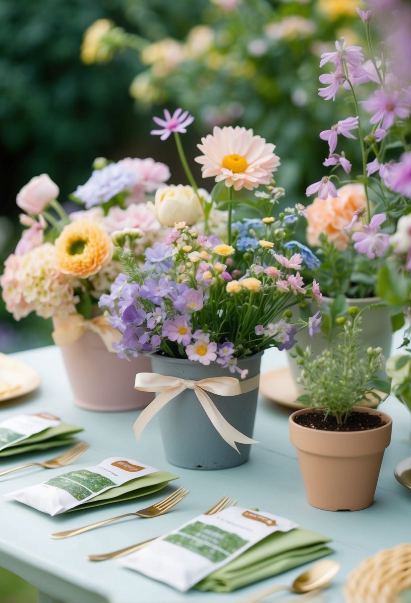 A garden table adorned with pastel-colored flower bouquets, delicate ribbon-tied seed packets, and dainty potted plants