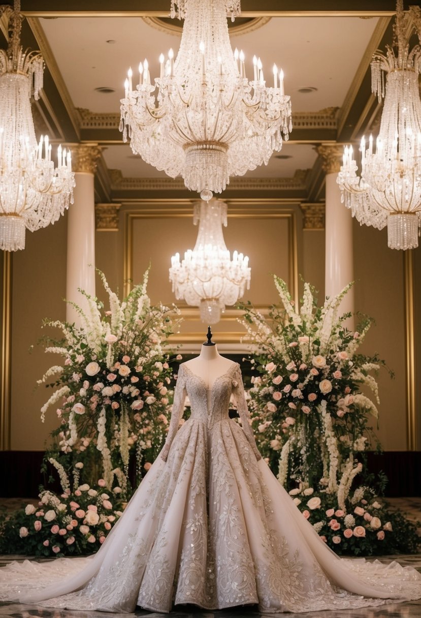 A grand ballroom with opulent chandeliers and cascading floral arrangements. A mannequin adorned with a dramatic, extravagant wedding dress by Sophia Tolli stands at the center