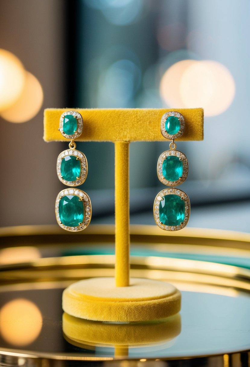 A sparkling emerald earring set displayed on a luxurious yellow gold jewelry stand