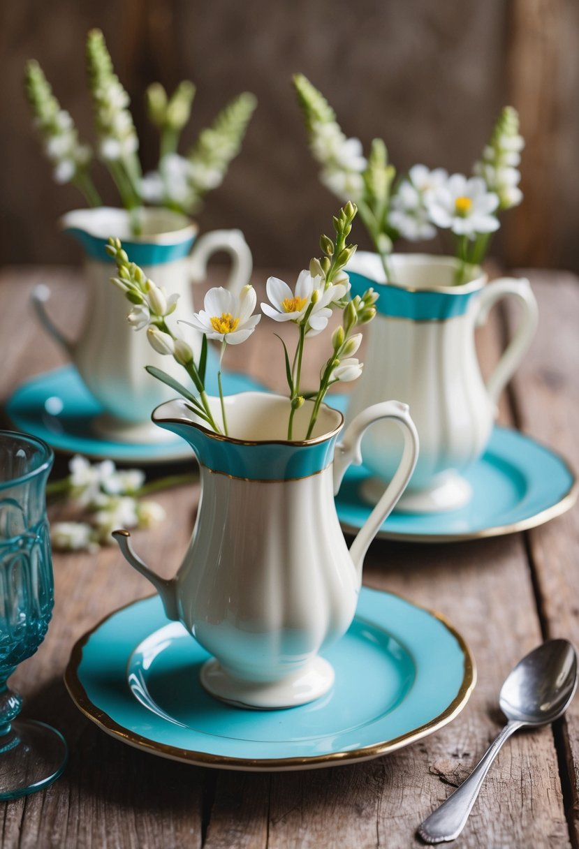 A vintage creamer vase set displayed on a rustic wooden table with delicate spring flowers arranged in them, creating a charming wedding favor idea