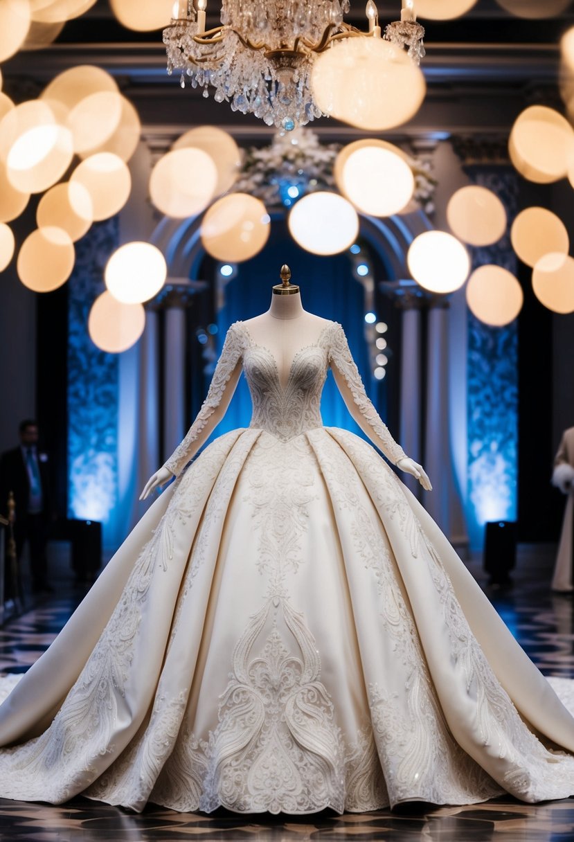 A grand, opulent wedding dress with a dramatic silhouette and intricate detailing