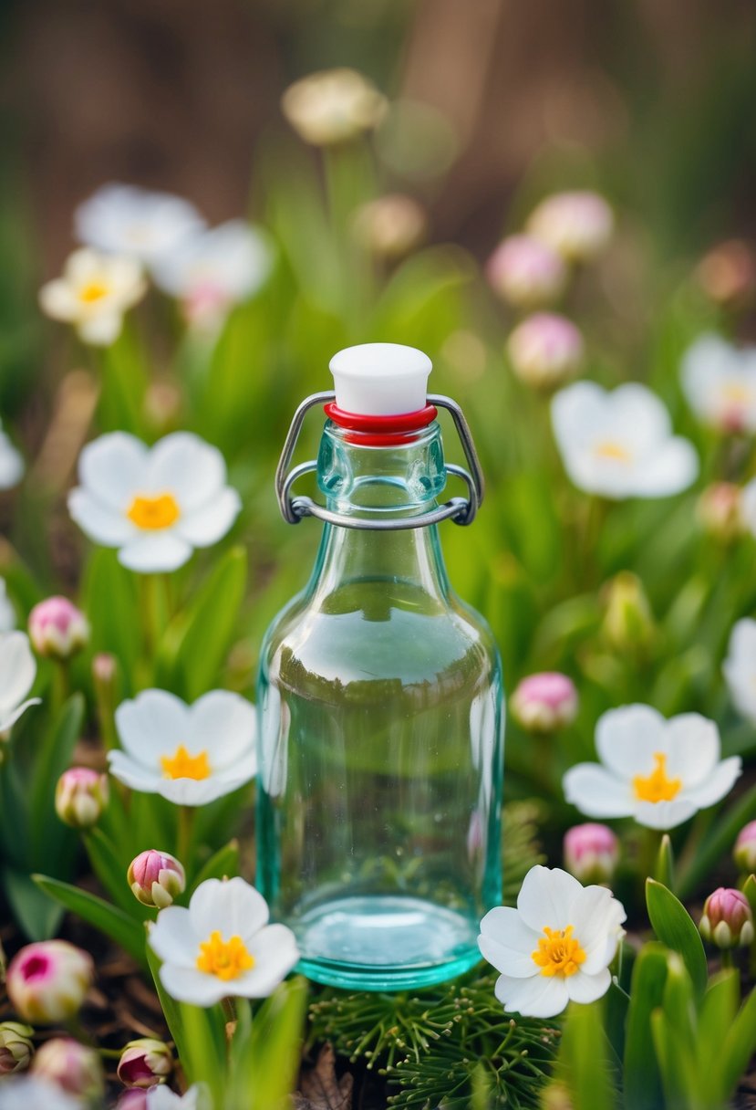 A mini swing top glass bottle surrounded by delicate spring flowers and greenery