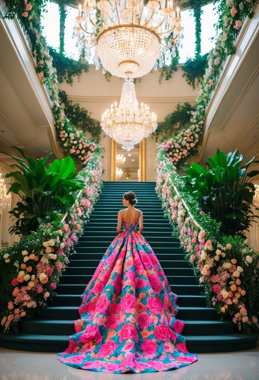 A vibrant floral dress cascades down a grand staircase, surrounded by lush greenery and blooming flowers. Sparkling chandeliers illuminate the opulent setting