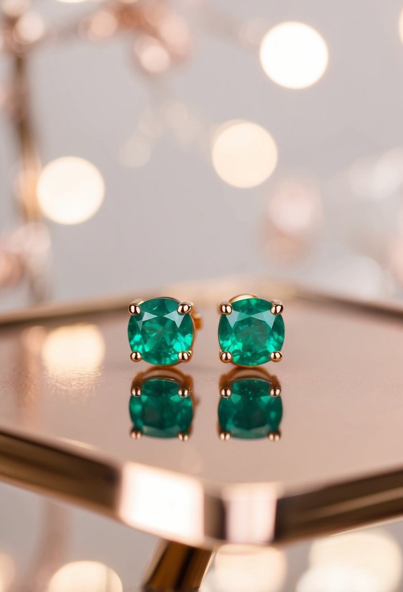 A pair of emerald earrings glint in the soft light, set against a backdrop of rose gold accents