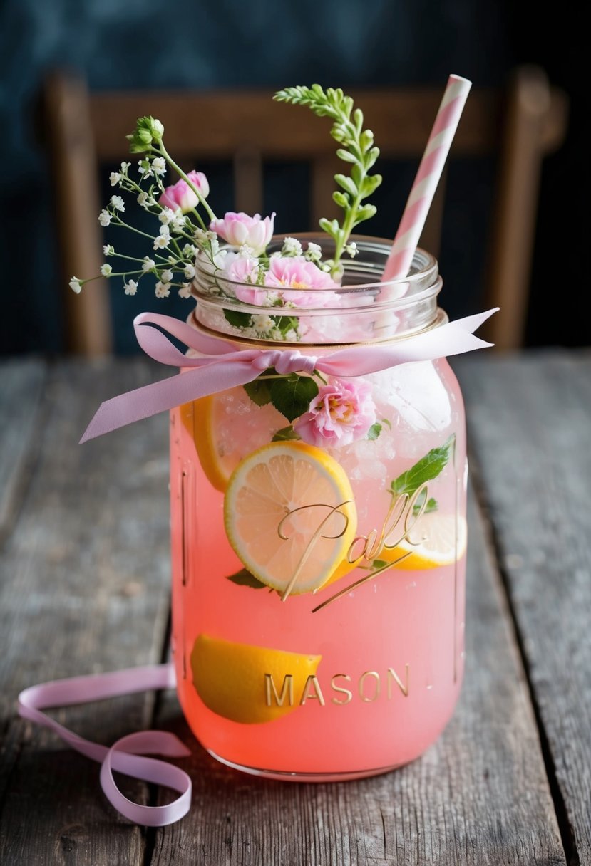 A mason jar filled with pink lemonade, adorned with a delicate floral arrangement and a ribbon, sits on a rustic wooden table