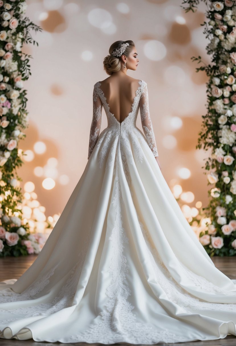 A grand, long-sleeve bridal gown with intricate lace detail and a flowing train, set against a romantic backdrop of flowers and soft lighting