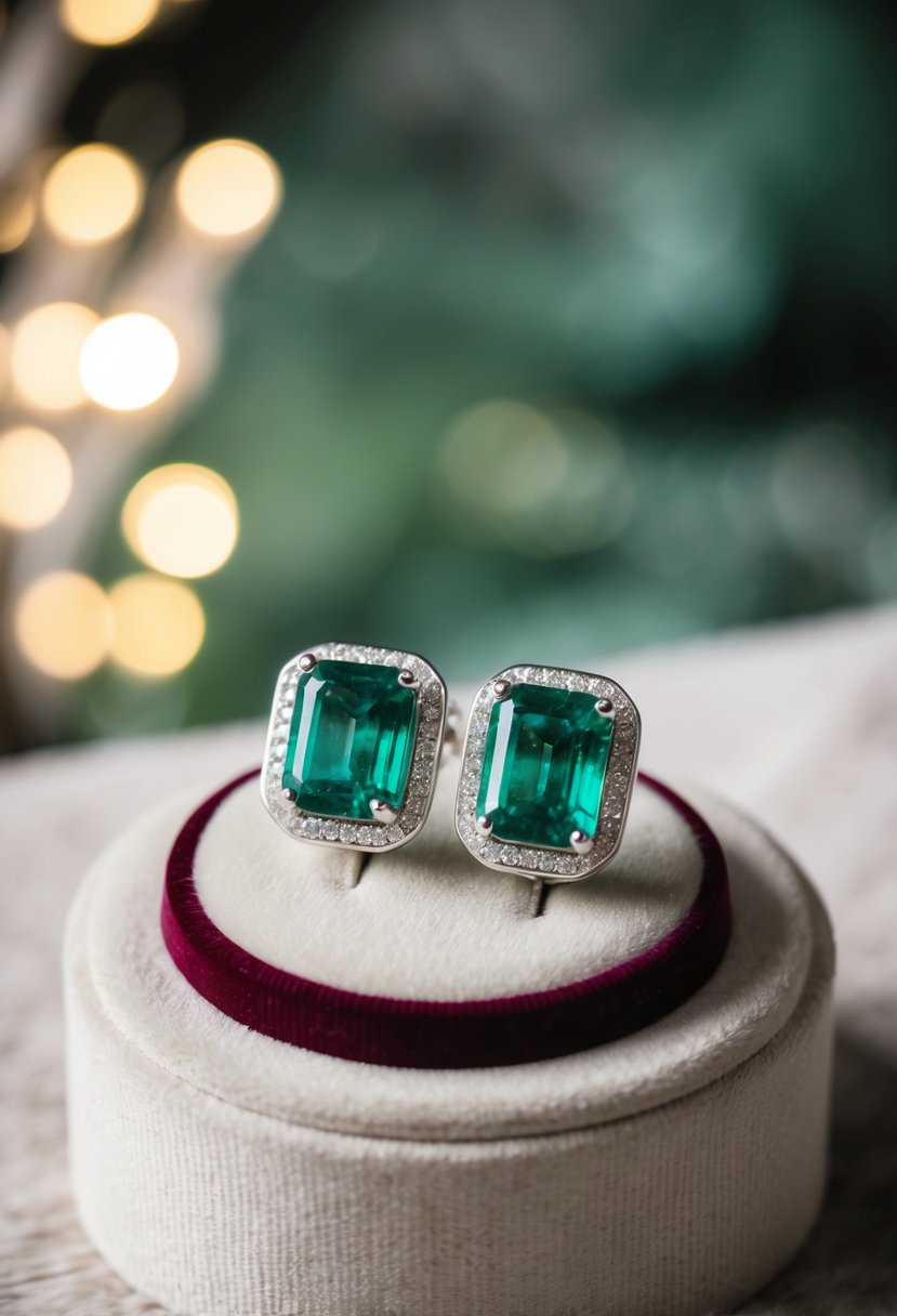 A pair of silver-plated emerald earrings displayed on a velvet cushion, with soft lighting accentuating their rich green color